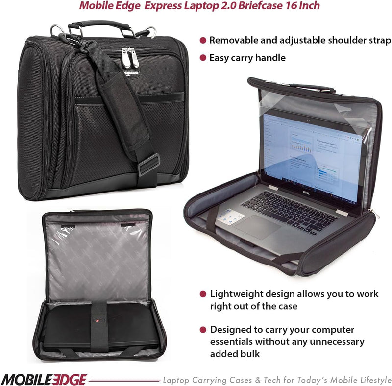 Mobile Edge Express 2.0 Laptop Briefcase Bag with Strap for Men and Women, Compatible with Macbook Pros and PC 16", Black