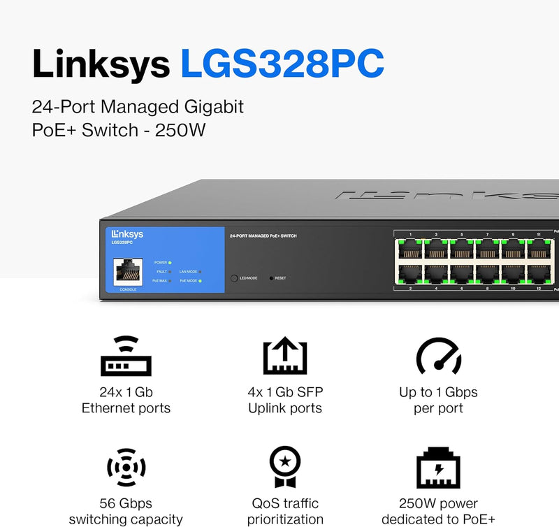24 Port Gigabit Managed Network Switch with 4 X 1Gb Uplink SFP Slots - Poe / Poe+ Ports, Qos, Static Routing, VLAN, IGMP Features - Metal Housing, Desktop or Wall Mount - LGS328PC