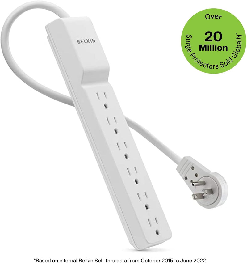 Surge Protector Power Strip - 6 AC Multiple Outlets - Flat Rotating Plug, 8Ft Long Heavy-Duty Extension Cord for Home, Office, Travel, Computer Desktop & Charging Brick - White (720 Joules)