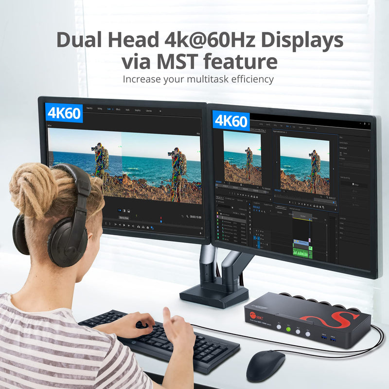 SIIG Dual Monitor DisplayPort KVM Switch 4 Computers 2 Monitors, 4X USB-A 5G, DP 1.4/ 8K 30Hz/ 4K 144hz with 3.5mm Audio & Mic, Keyboard & Mouse, TAA Compliant (CE-KV0H11-S1)