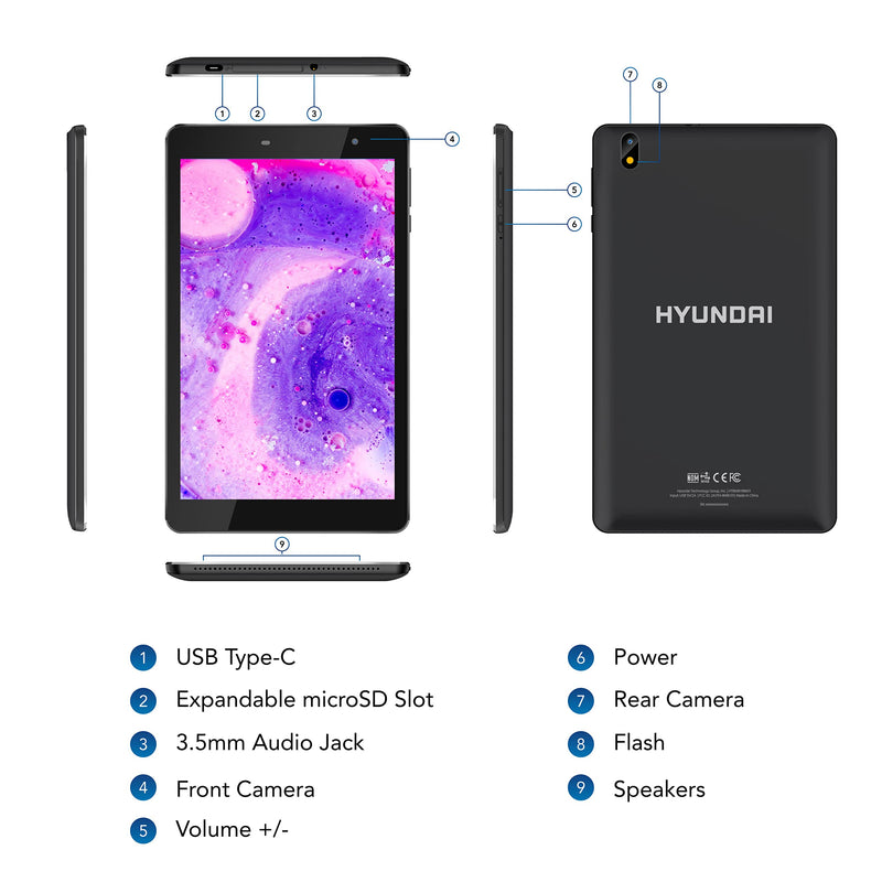 HYUNDAI HYtab Plus 8LB1 (T-Mobile Carrier), 8" HD IPS, Android 11, Quad-Core Processor, 3GB/32GB, 2MP/5MP, 4000mAh, Black