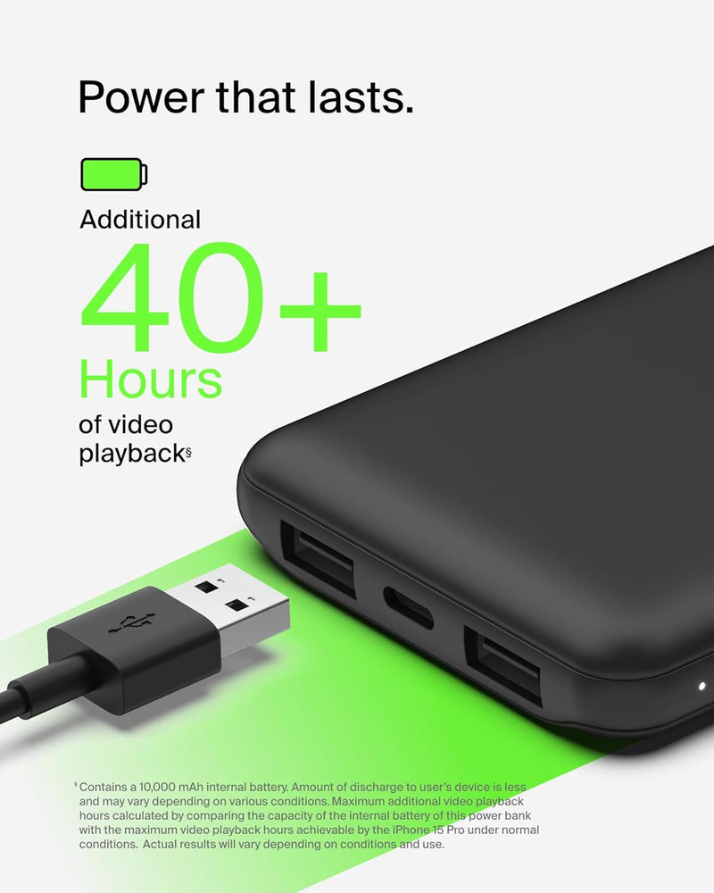 Portable Charger, USB-C Power Bank 10K W/ 1 USB-C Port and 2 USB-A Ports with USB-A to USB-C Cable for Iphone 16, 16 Plus, 16 Pro, 16 Pro Max, Samsung Galaxy S24, & More - Black