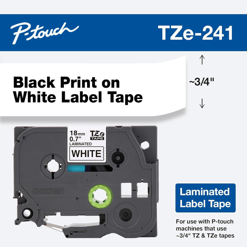 Genuine P-Touch TZE-241 Tape, 3/4" (0.70") Standard Laminated P-Touch Tape, Black on White, Perfect for Indoor or Outdoor Use, Water Resistant, 26.2 Feet (8M), Single-Pack