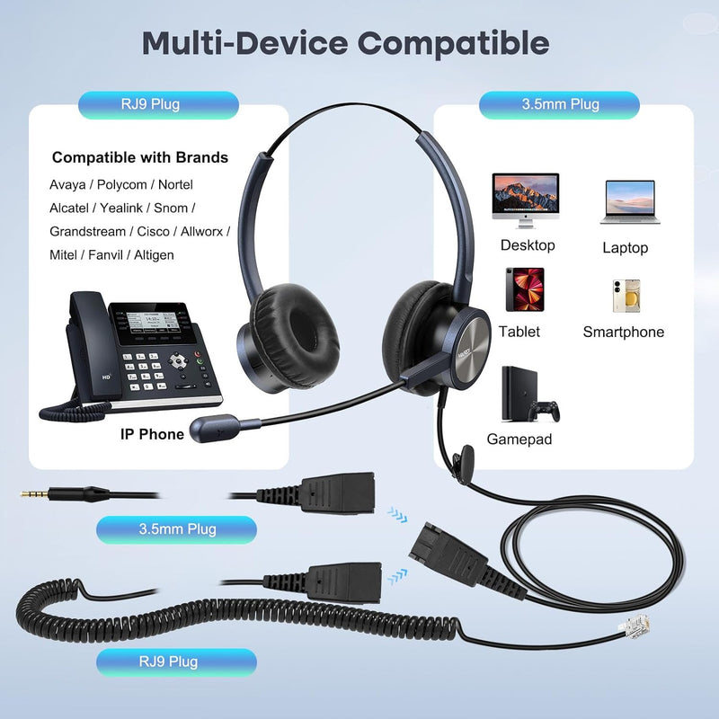 Telephone Headset with Microphone Noise Canceling, Binaural with RJ9 Jack & 3.5Mm Connector for Office Call Center Deskphone Cell Phone PC Laptop, Work for Cisco 7941 7965 6941 7861 8811 8961