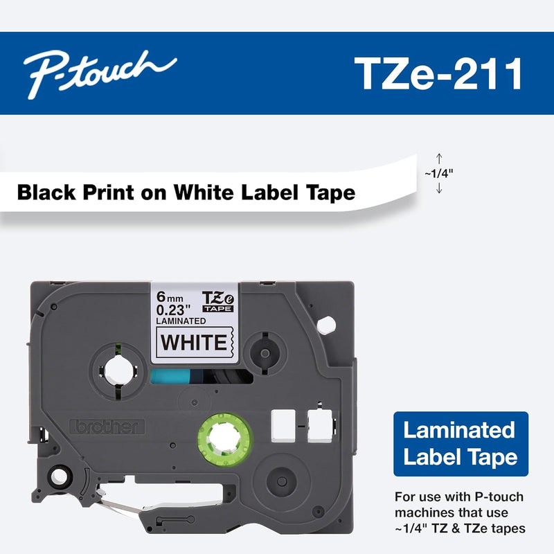 Genuine P-Touch TZE-211 Label Tape 1, 1/4" (0.23") Standard Laminated P-Touch Tape, Black on White, Laminated for Indoor or Outdoor Use, Water Resistant, 26.2 Feet (8M), Single-Pack (Tze211)