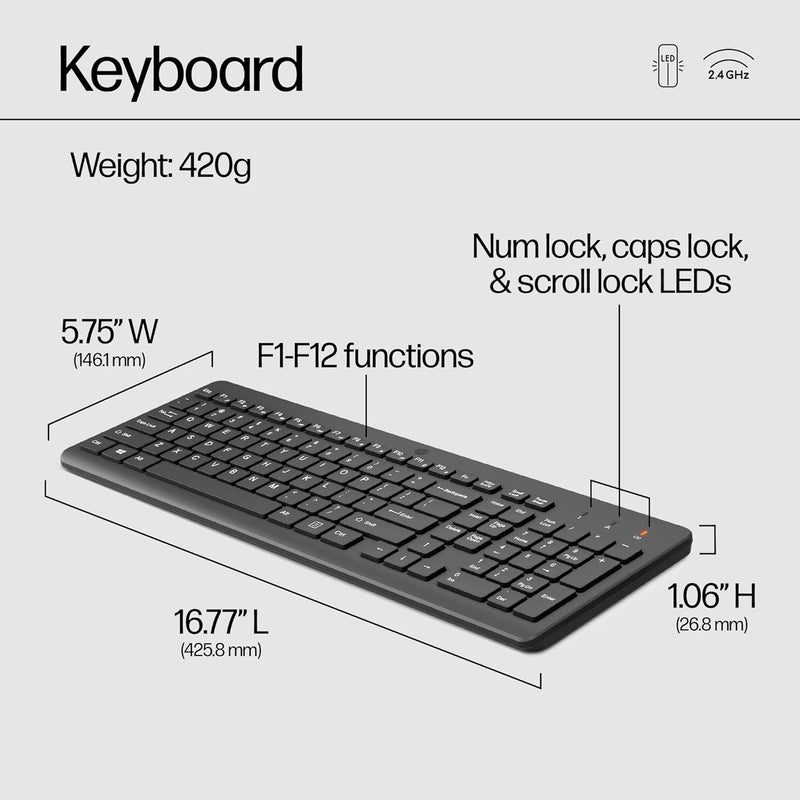 330 Wireless Keyboard and Mouse Combo - 2.4 Ghz Wireless USB Receiver - Chiclet Keys, 12 Keyboard Shortcuts - 1600 DPI Multi-Surface Mouse - LED Num Lock, Caps Lock, Scroll Lock (2V9E6AA)