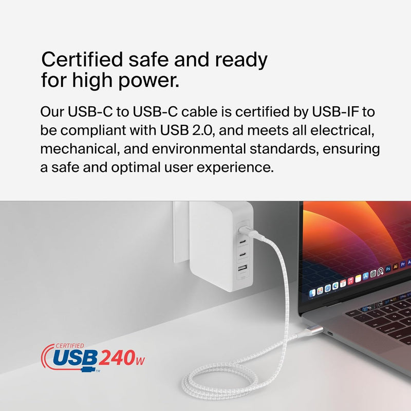 Boostcharge USB-C to USB-C Power Cable (2M, 6.6Ft), Fast Charging Cable with 240W Power Delivery, USB-IF Certified, Compatible with Macbook Pro, Chromebook, Samsung Galaxy, Ipad, & More - White