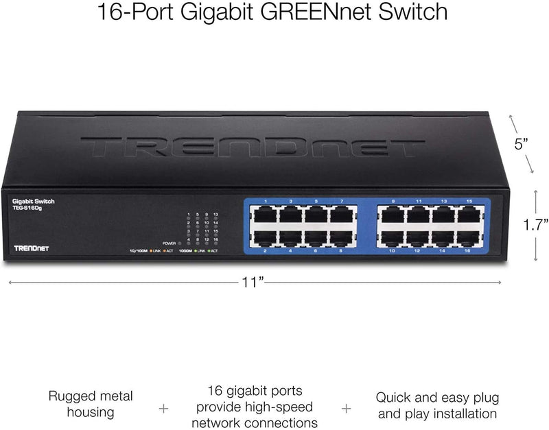 - TEG-S16DG 16-Port Unmanaged Gigabit Greennet Desktop Metal Switch, TEG-S16DG, Ethernet Splitter, Ethernet/Network Switch, 16 X 10/100/1000 RJ-45 Ports, 32 Gbps Forwarding Capacity, Lifetime Protection Black 16-Port Version 1.0