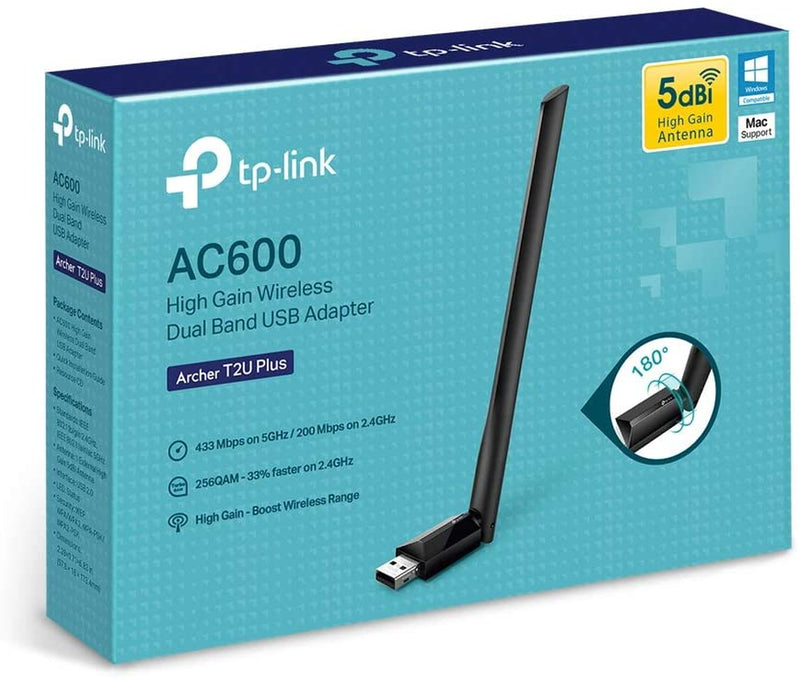 AC600 USB Wifi Adapter for PC (Archer T2U Plus)- Wireless Network Adapter for Desktop with 2.4Ghz, 5Ghz High Gain Dual Band 5Dbi Antenna, Supports Win11/10/8.1/8/7/Xp, Mac OS 10.9-10.14