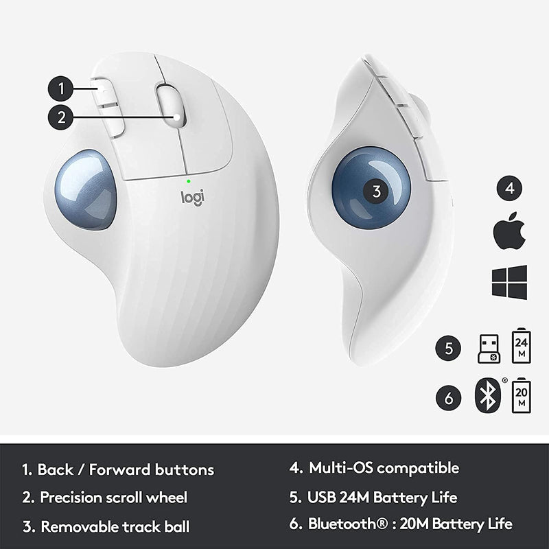 Logitech Ergo M575 Wireless Trackball Mouse, Easy Thumb Control, Precision and Smooth Tracking, Ergonomic Comfort Design, Windows/Mac, Bluetooth, USB - off White (Renewed)