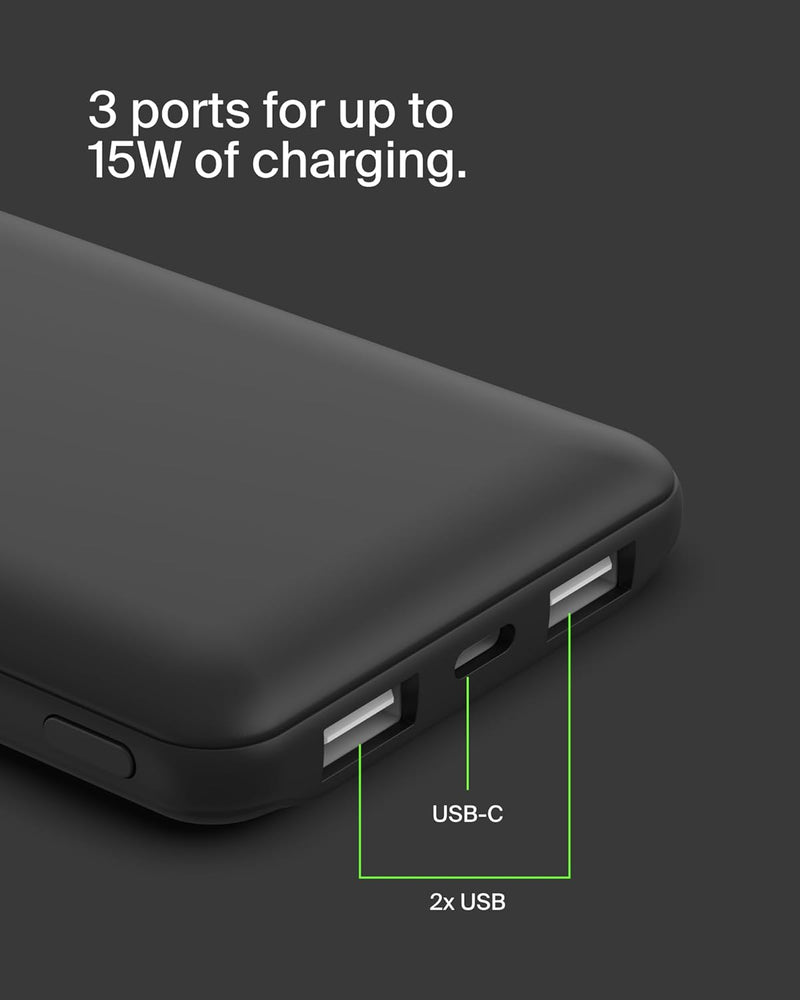 Portable Charger, USB-C Power Bank 10K W/ 1 USB-C Port and 2 USB-A Ports with USB-A to USB-C Cable for Iphone 16, 16 Plus, 16 Pro, 16 Pro Max, Samsung Galaxy S24, & More - Black