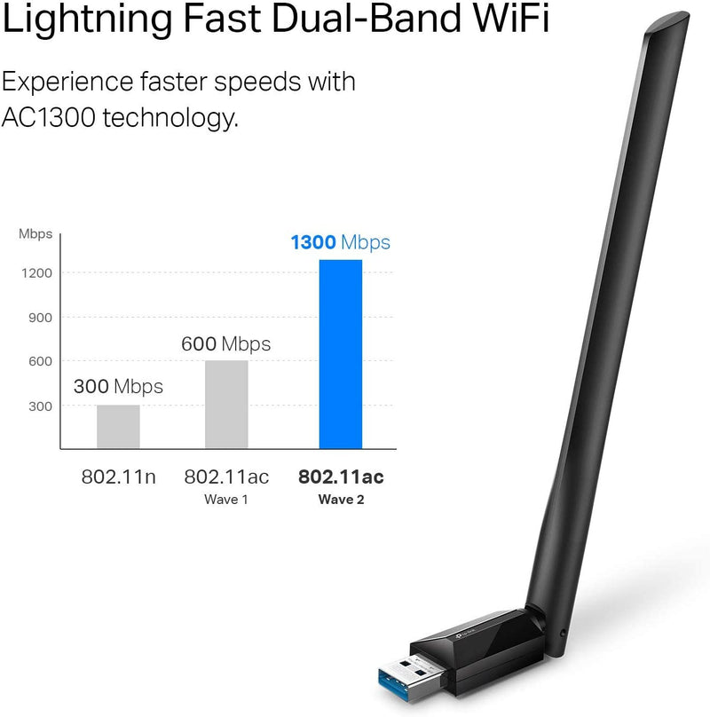 USB Wifi Adapter for Desktop PC, AC1300 USB 3.0 Wireless Dual Band Network Adapter with High Gain Antenna(Archer T3U Plus), MU-MIMO, Windows 11/10/8.1/8/7/XP, Mac OS 10.9-10.15