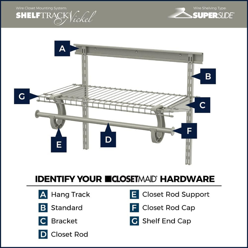 Shelftrack Shelf Bracket for 12 In. Deep Wire Shelving, for Adjustable Closet Systems, 1-Pack, Nickel