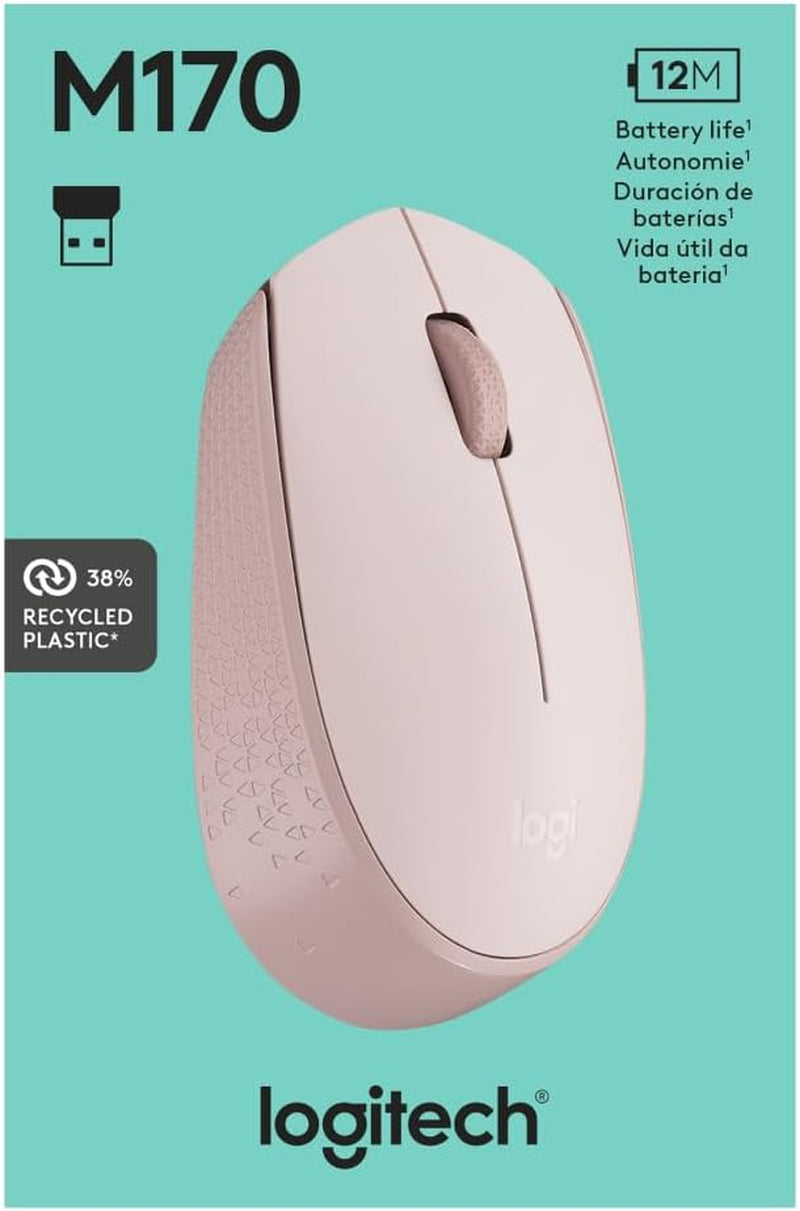 Logitech M170 Wireless Mouse for PC, Mac, Laptop, 2.4 Ghz with USB Mini Receiver, Optical Tracking, 12-Months Battery Life, Ambidextrous - Rose