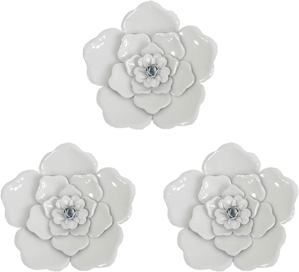 Metal Flower Wall Art Multiple Layer Decor for Indoor Outdoor Home Bedroom Living Room Office Garden Set of 3(White)