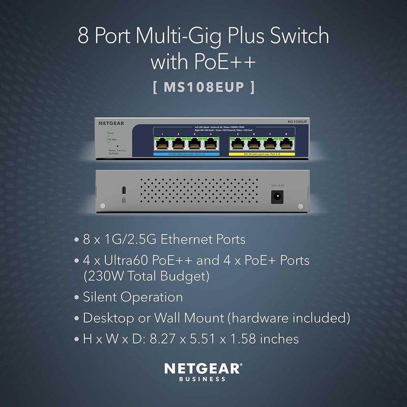 8-Port Ultra60 Poe Multi-Gigabit Ethernet plus Switch (MS108EUP) - Managed, with 4 X Poe++ and 4 X Poe+ @ 230W, Desktop or Wall Mount, and Limited Lifetime Protection 8 Port | 8Xpoe+ 230W | 2.5G | Lifetime