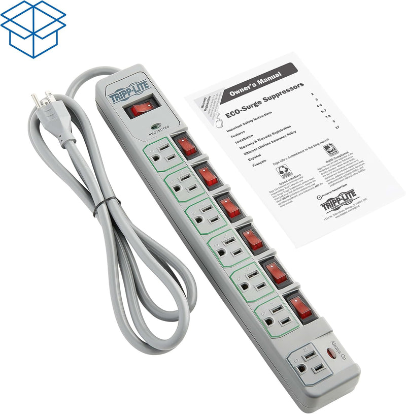 TLP76MSG 7 Outlet (6 Individually Controlled) Surge Protector Power Strip, 6Ft Cord, Lifetime Limited Warranty & Dollar 25K Insurance, Grey