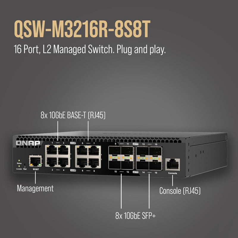 16-Port Half-Width Rackmount 10Gbe Managed Network Switch (QSW-M3216R-8S8T-US). Layer 2, Web Management
