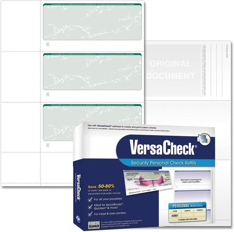 Versacheck Secure Checks - 750 Blank Business or Personal Wallet Checks - Green Prestige - 250 Sheets Form