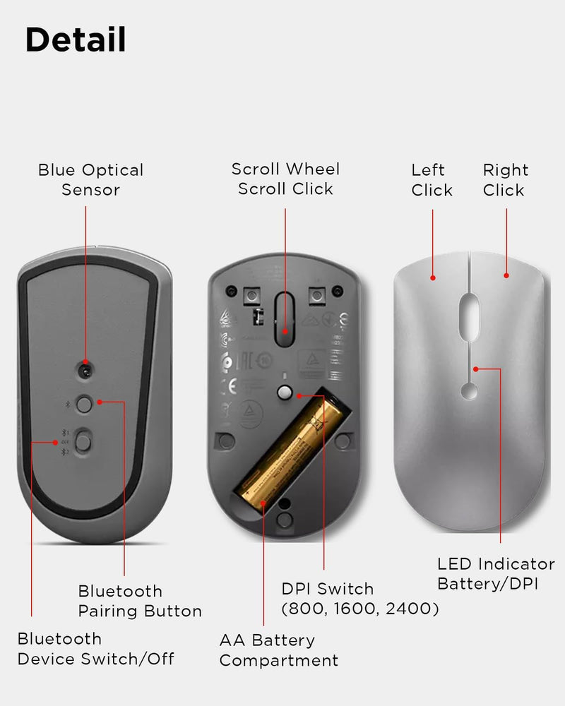 600 Bluetooth Silent Mouse, Blue Optical Sensor, Adjustable DPI, 4 Button, Microsoft Swift Pair, Windows, Chrome, GY50X88832, Gray