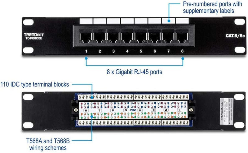 Trendnet 8 Port Cat5/5E Unshielded Patch Panel,Tc-P08C5E,Wallmount or Rackmount,10 Inch Wide, 8 X Gigabit RJ-45 Ethernet Ports,100 Mhz Connection, Color Coded Labeling,110 IDC Terminal Blocks,Black