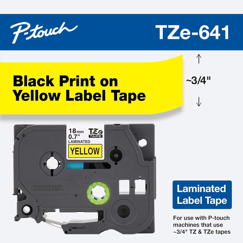 Genuine P-Touch TZE-641 Tape, 3/4" (0.7") Wide Standard Laminated Tape, Black on Yellow, Laminated for Indoor or Outdoor Use, Water-Resistant, 0.7" X 26.2' (18Mm X 8M), Single-Pack, TZE641