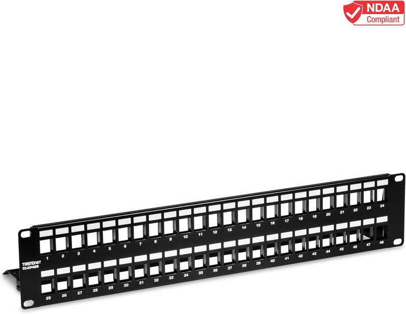 48-Port Blank Keystone Shielded 2U HD Patch Panel, TC-KP48S, 2U 19” Metal Rackmount Housing, Network Management Panel, Recommended with TC-K06C6A Cat6A Keystone Jacks (Sold Separately)