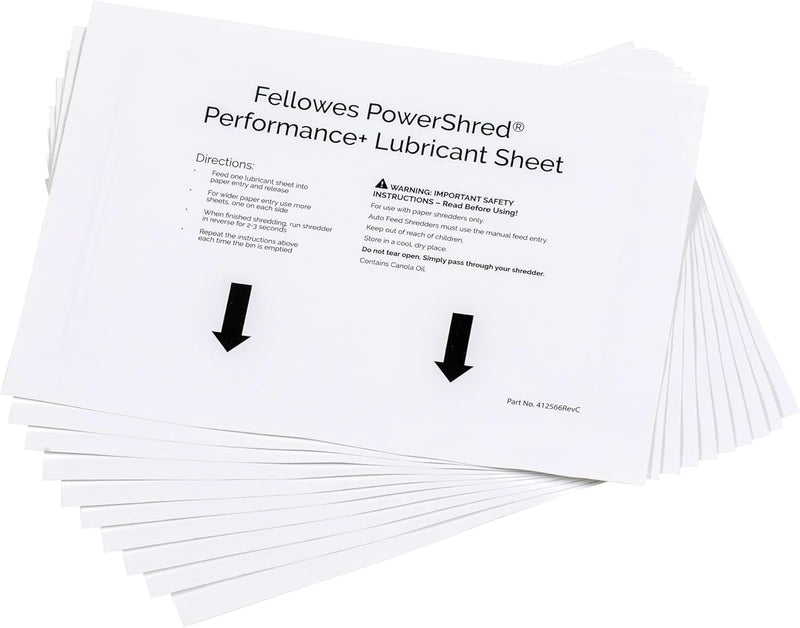 Fellowes Powershred Performance Paper Shredder Lubricant Sheets with Paper Shredder Oil Lubricant for Cross-Cut and Micro-Cut Paper Shredders, 6 X 8.50 X 0.031 Inch, 10-Pack