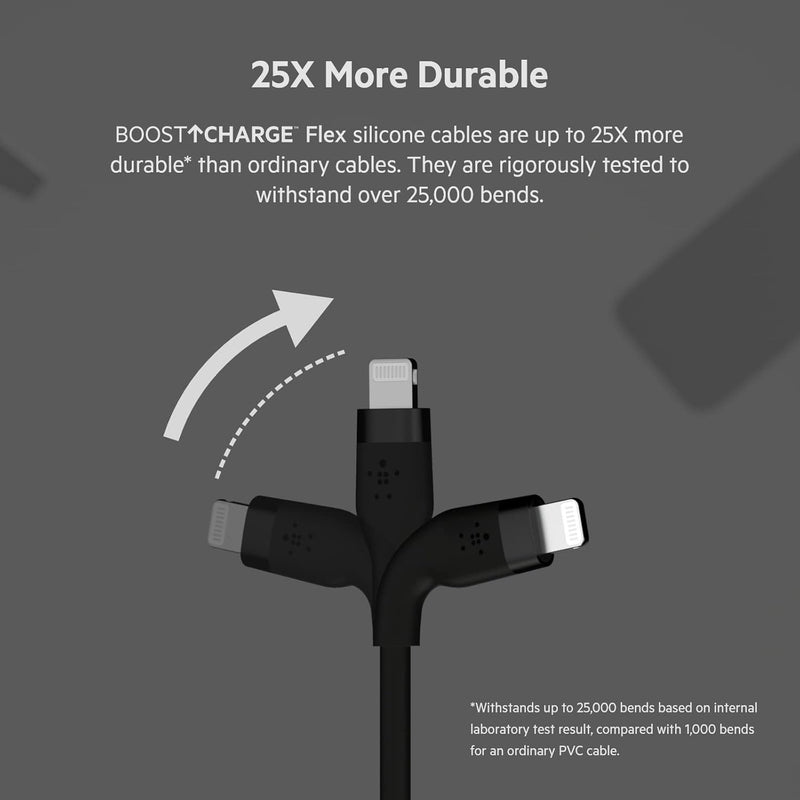 Boostcharge Flex Silicone USB Type a to Lightning Cable (1M/3.3FT), Mfi Certified Charging Cable for Iphone 13, 12, 11, Pro, Max, Mini, SE, Ipad and More, 2-Pack, Black