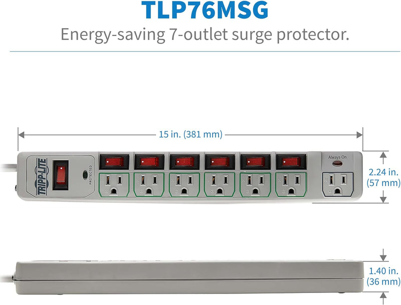 TLP76MSG 7 Outlet (6 Individually Controlled) Surge Protector Power Strip, 6Ft Cord, Lifetime Limited Warranty & Dollar 25K Insurance, Grey