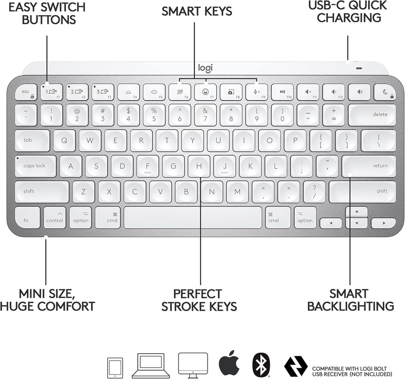 Logitech MX Keys Mini for Mac Minimalist Wireless Illuminated Keyboard, Compact, Bluetooth, Backlit Keys, USB-C, Tactile Typing, Compatible with Apple Macos, Ipad OS, Metal Build (Renewed)