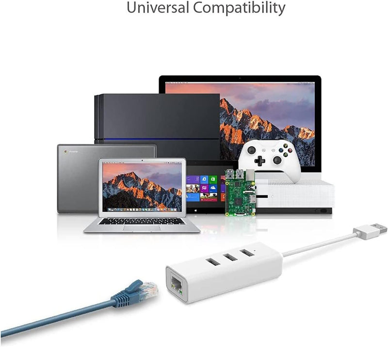 USB 3.0 to Ethernet Adapter, Portable 3-Port USB Hub with 1 Gigabit RJ45 Ethernet Port Laptop Network Adapter, Supports Win 7/8/8.1/10, Mac OS X (10.6-10.14), Linux OS and Chrome OS