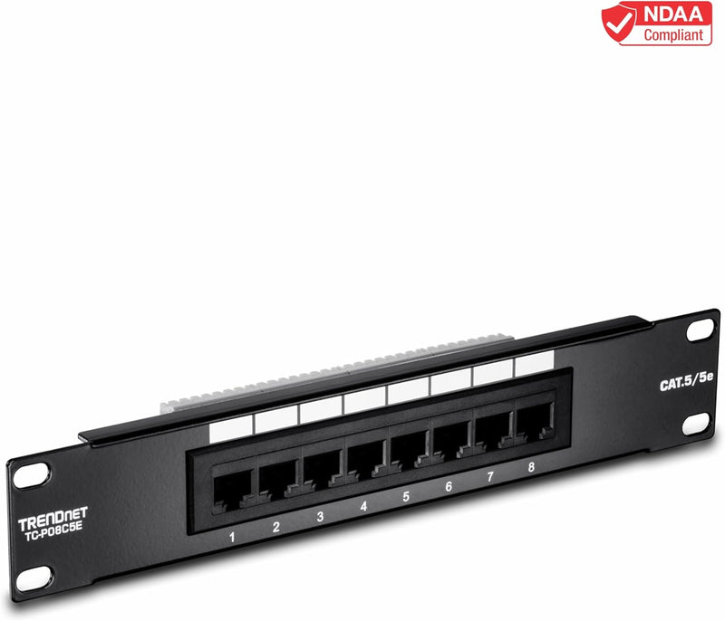 Trendnet 8 Port Cat5/5E Unshielded Patch Panel,Tc-P08C5E,Wallmount or Rackmount,10 Inch Wide, 8 X Gigabit RJ-45 Ethernet Ports,100 Mhz Connection, Color Coded Labeling,110 IDC Terminal Blocks,Black