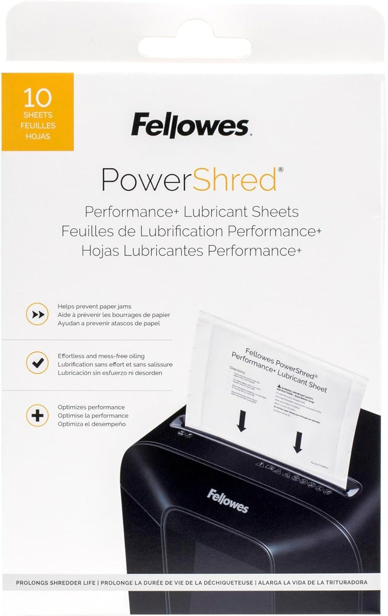 Fellowes Powershred Performance Paper Shredder Lubricant Sheets with Paper Shredder Oil Lubricant for Cross-Cut and Micro-Cut Paper Shredders, 6 X 8.50 X 0.031 Inch, 10-Pack