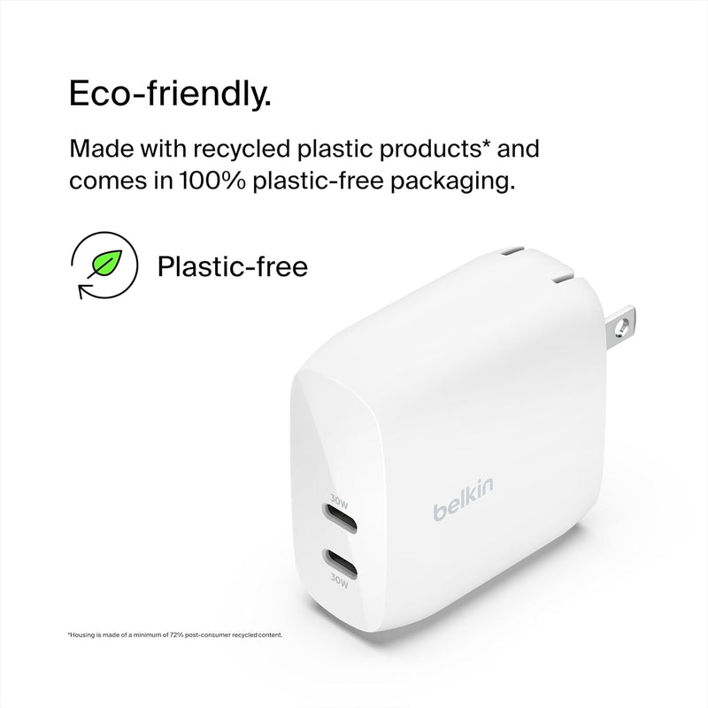 Belkin Boostcharge Dual USB-C Wall Charger W/Pps 60W for Apple Iphone 16, 16 Plus, 16 Pro, 16 Pro Max, Ipad, Galaxy S24, Google Pixel - Compatible W/Usb-C to Lightning Cable & USB-C to USB-C - White