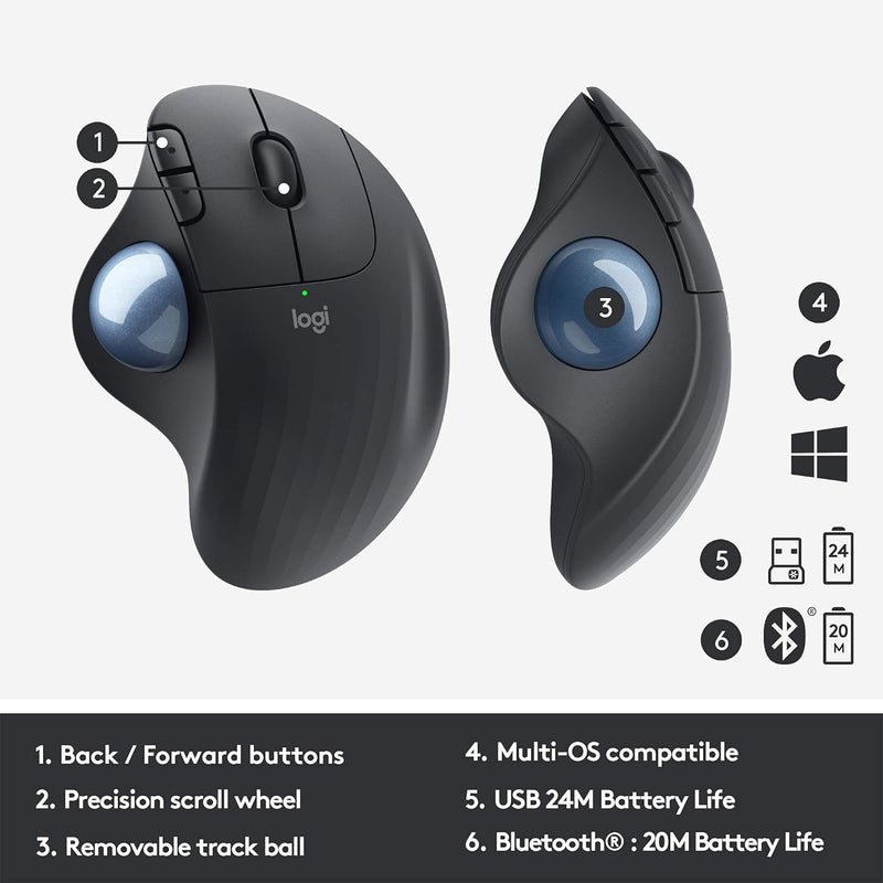 Logitech Ergo M575 Wireless Trackball Mouse, Easy Thumb Control, Precision and Smooth Tracking, Ergonomic Comfort Design, Windows/Mac, Bluetooth, USB - Graphite (Renewed)