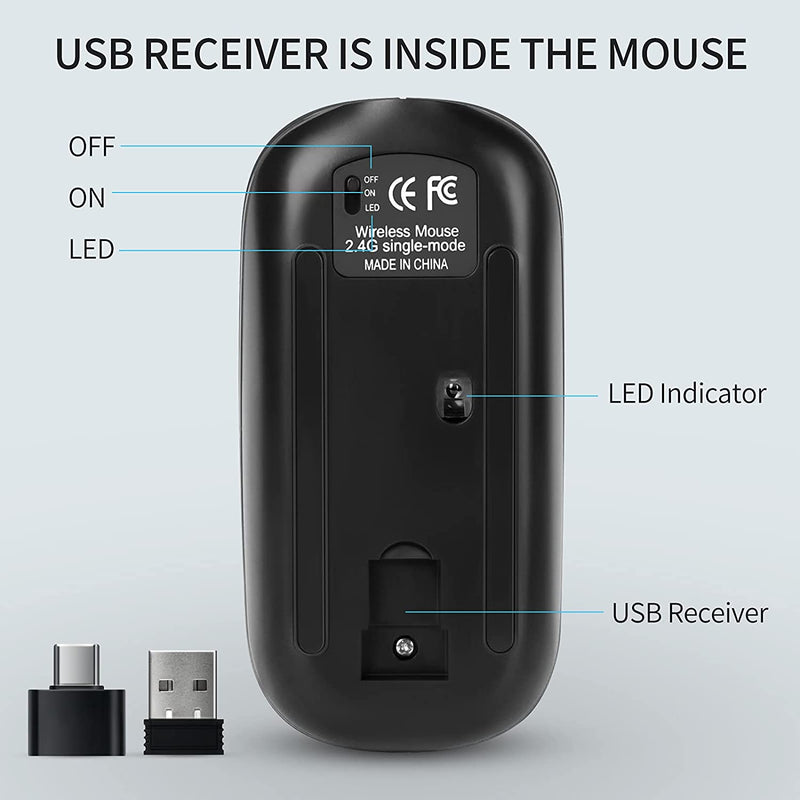 KBCASE LED Wireless Mouse Slim Silent Mouse 2.4G Rechargeable Wireless Computer Mouse Wireless Mouse for Laptop, Macbook, Ipad, Chromebook, with USB & Type-C Receiver