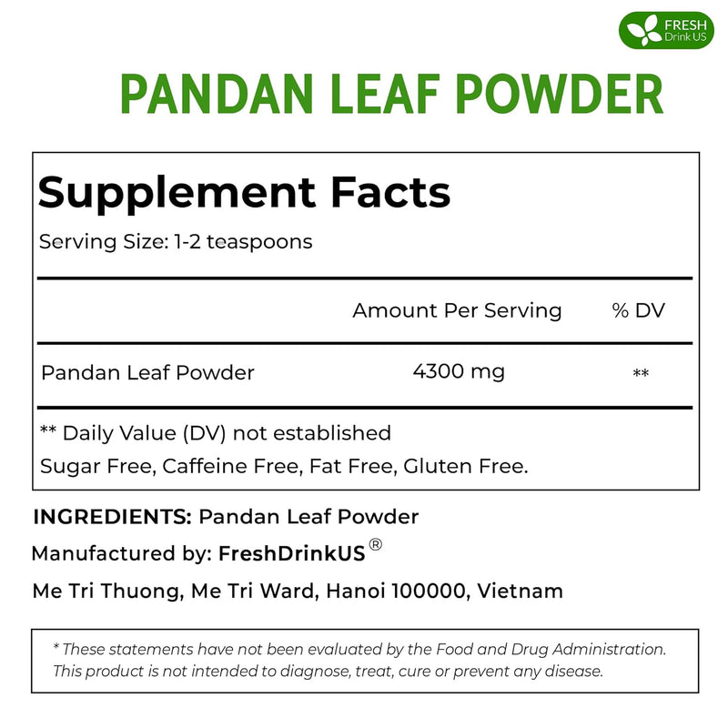 , Premium 4.5Oz Pandan Leaf Powder, 100% Natural and Pure from Pandan Dried Leaves, Emerald Pandan Leaf Powder, Green Food Coloring Powder, No Additives, No Gluten, Vegan.