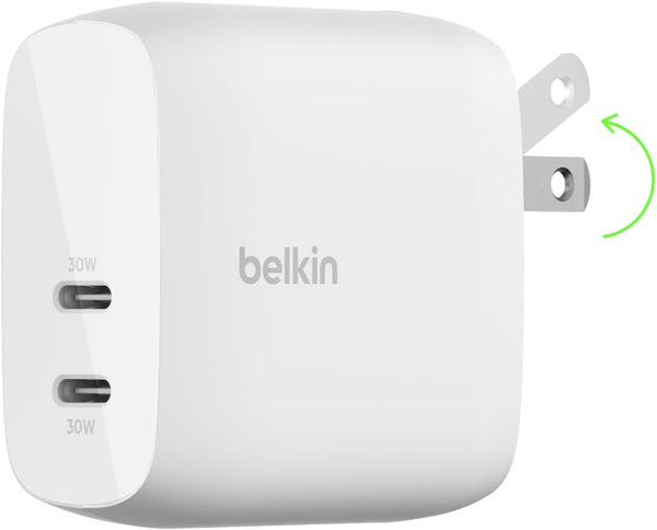 Belkin Boostcharge Dual USB-C Wall Charger W/Pps 60W for Apple Iphone 16, 16 Plus, 16 Pro, 16 Pro Max, Ipad, Galaxy S24, Google Pixel - Compatible W/Usb-C to Lightning Cable & USB-C to USB-C - White