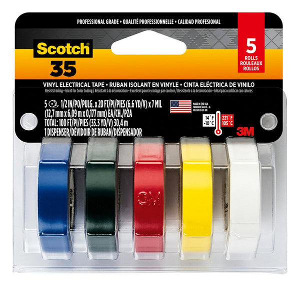 Vinyl 35 Electrical Tape, 5 Rolls, Multi-Color Pack, Ideal for Cable Jacket Repair & Electrical Insulation, Premium Vinyl Material for Durability, Indoor & Outdoor Use, High Adhesion (10457DC)