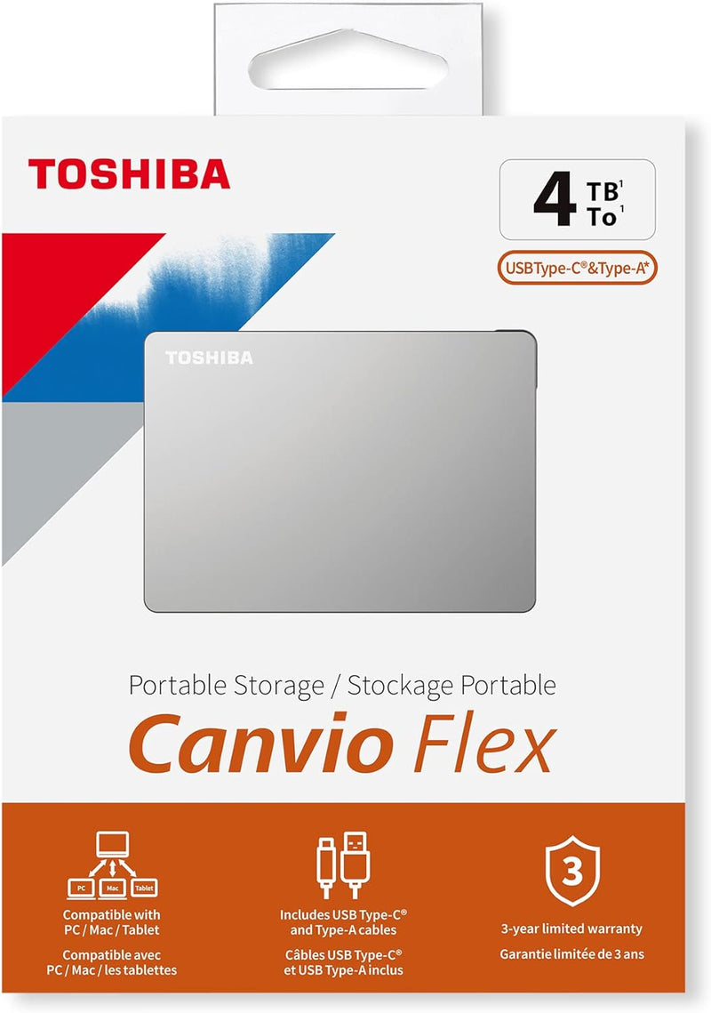 4TB Canvio Flex Portable External Hard Drive for Mac, Windows PC and Tablet Use, Compatible with Most USB-C and USB-A Devices, Silver (HDTX140ESCAA)