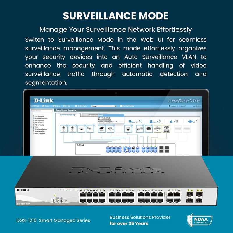 10-Port Gigabit Smart Managed Poe+ Switch | 8 Poe+ Ports (65W) + 2 SFP Ports | L2+ | Vlans | Web Managed | Surveillance Mode | Desktop or Rackmount | Fanless | NDAA Compliant (DGS-1210-10P)