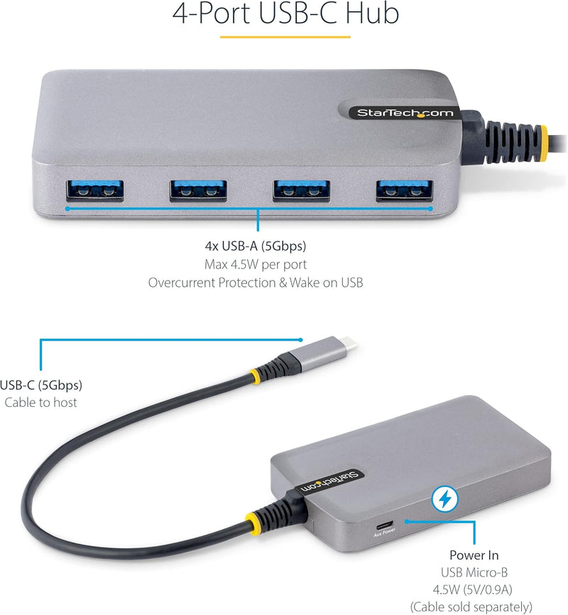 4-Port USB-C Hub - 5Gbps - Bus Powered - USB C to 4X USB-A Hub W/ Optional Auxiliary Power Input - Portable Desktop/Laptop USB Hub - 1Ft (30Cm) Cable - USB Expansion Hub (5G4AB-USB-C-HUB)