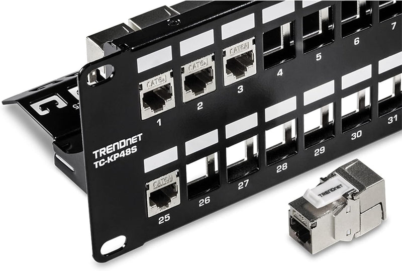 48-Port Blank Keystone Shielded 2U HD Patch Panel, TC-KP48S, 2U 19” Metal Rackmount Housing, Network Management Panel, Recommended with TC-K06C6A Cat6A Keystone Jacks (Sold Separately)