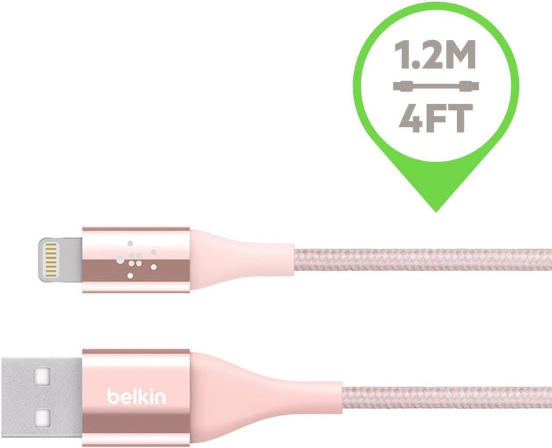 Belkin MIXIT Duratek Lightning to USB Cable - Mfi-Certified Iphone Charging Cable for Iphone 11, 11 Pro, 11 Pro Max, XS, XS Max, XR, X, 8/8 plus and More (4Ft/1.2M), Rose Gold