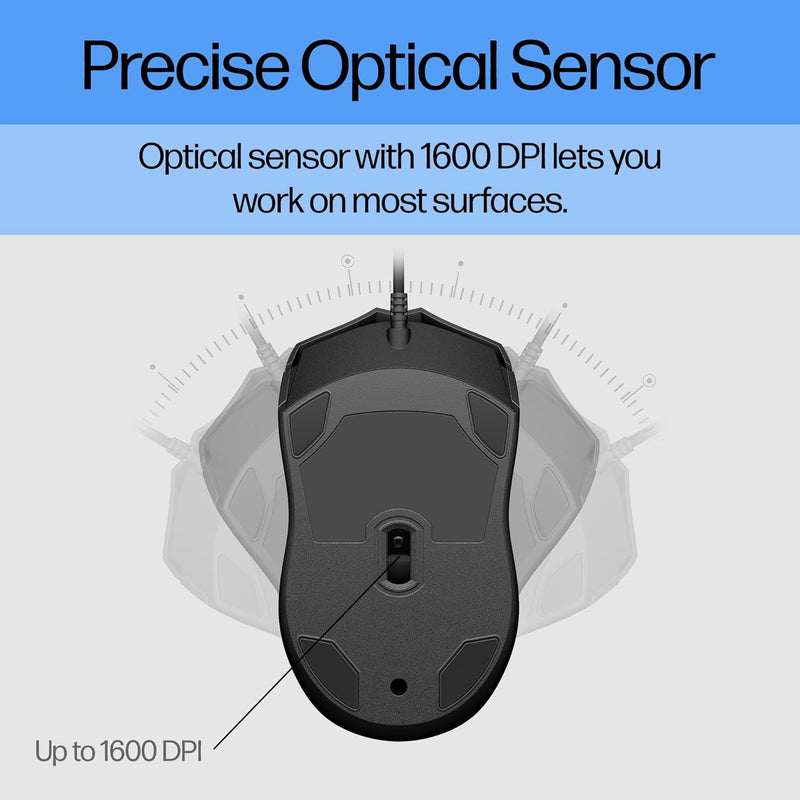 Wired Mouse 100 - Precise Optical Sensor with 1600 DPI - Easy USB Connection - Ambidextrous Design - 3 Button Control & Built-In Scrolling - Multi-Os Compatible (6VY96AA