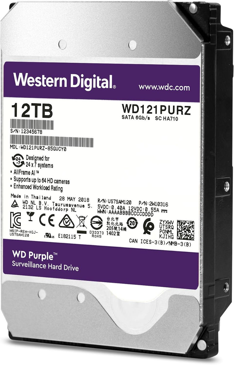 12TB WD Purple Surveillance Internal Hard Drive HDD - SATA 6 Gb/S, 256 MB Cache, 3.5" - WD121PURZ 12TB 256 MB Cache Hard Drive HDD