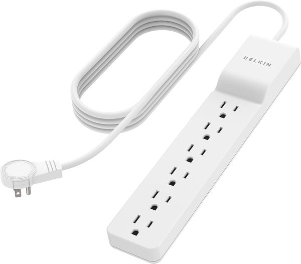 Surge Protector Power Strip - 6 AC Multiple Outlets - Flat Rotating Plug, 8Ft Long Heavy-Duty Extension Cord for Home, Office, Travel, Computer Desktop & Charging Brick - White (720 Joules)