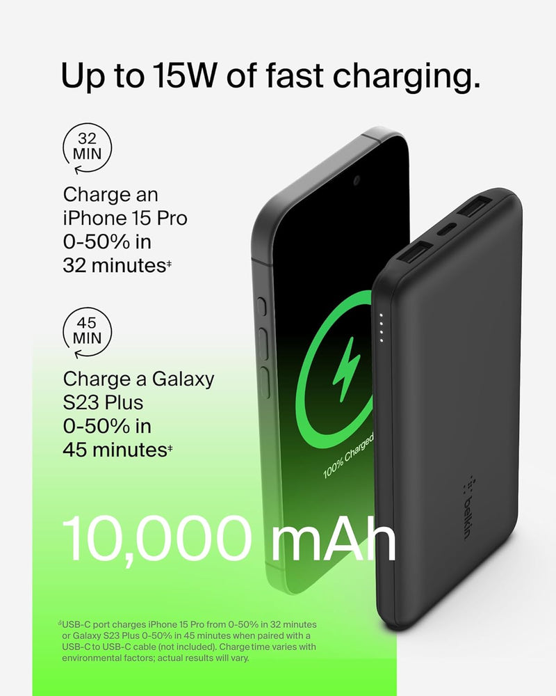 Portable Charger, USB-C Power Bank 10K W/ 1 USB-C Port and 2 USB-A Ports with USB-A to USB-C Cable for Iphone 16, 16 Plus, 16 Pro, 16 Pro Max, Samsung Galaxy S24, & More - Black