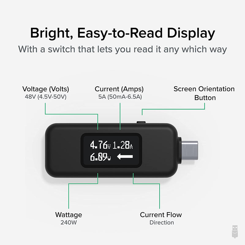 USB C Power Meter Tester for Monitoring USB-C Connections up to 240W - Digital Multimeter Tester for USB-C Cables, Laptops, Phones, Chargers - Driverless